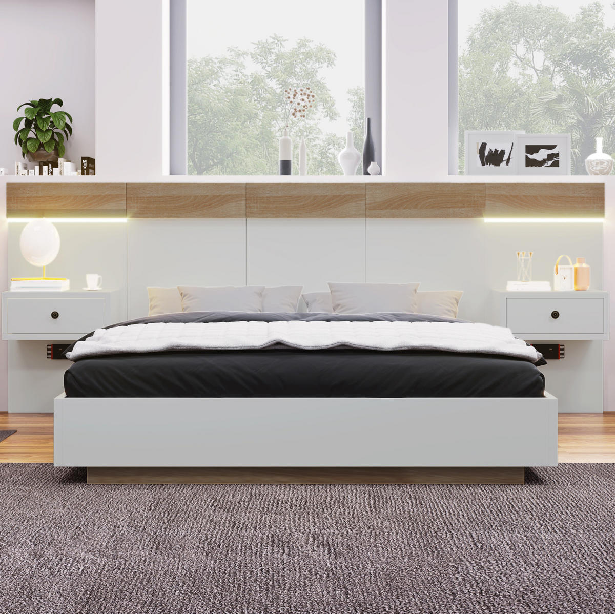BETT 140/200 cm mit Kopfteil, 2 LED-Nachtkommoden & USB/Typ-C – Sonoma-Eiche/Weiß - Weiß, Holzwerkstoff (140/200cm) - BEAOK