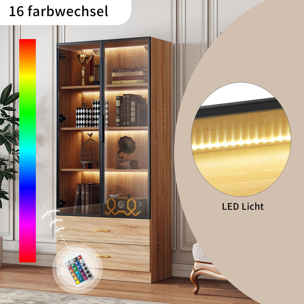 VITRINENSCHRANK mit 2 Schubladen und 2 Türen 74/34.5/170 cm - Braun, Glas/Holzwerkstoff (34/170/70cm) - Urban Meuble
