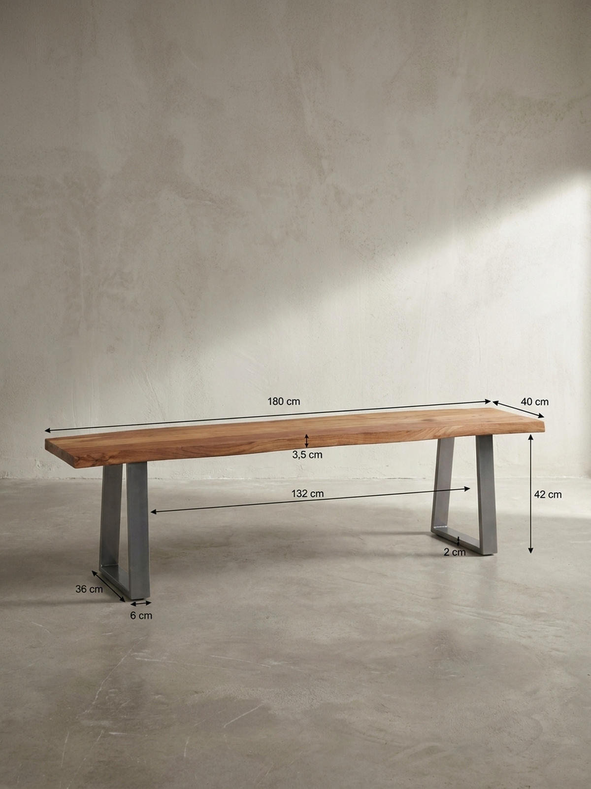 ESSZIMMERBANK Massivholz Metall Baumkante Chromgestell, Akazie 180x40x46 cm - Silberfarben/Braun, Holz/Metall (180/46/40cm) - KADIMA DESIGN