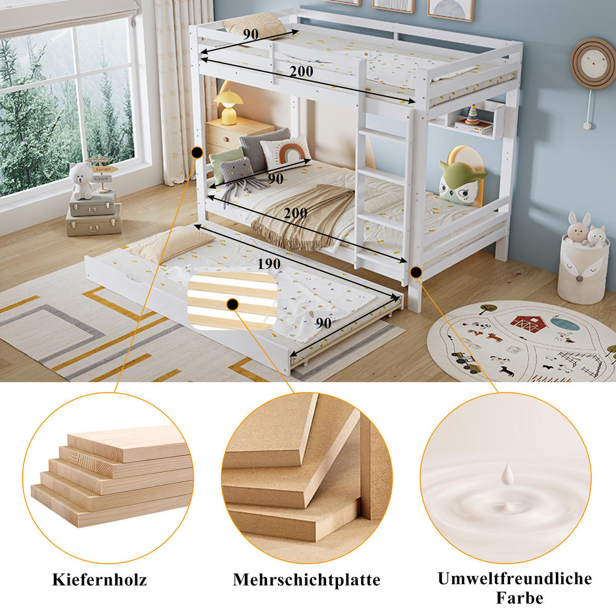 ETAGENBETT 90/200 cm mit Ausziehbett, 2 m Regalreihe, 4-stufiger Leiter und Bettlatten aus Kiefer/MDF, Weiß - Weiß, Holz (90/200cm) - Redom