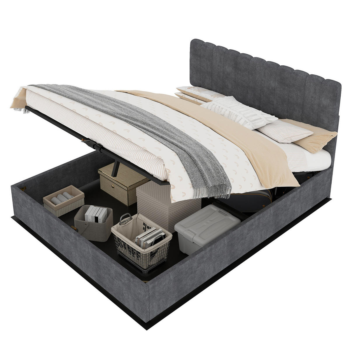 POLSTERBETT 140x200 cm Stauraum hydraulisch grau - Grau, Textil (140/200cm) - LEBENLANG