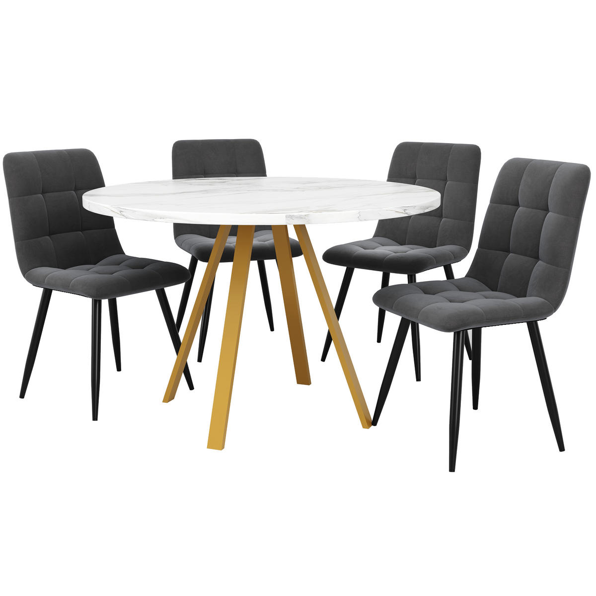 ESSTISCHSET 5-Teilig Rund 80 Cm, Weiß Marmor, 4 Graue Samtstühle - Multicolor, Metall (87/10.8/87cm) - FLIEKS