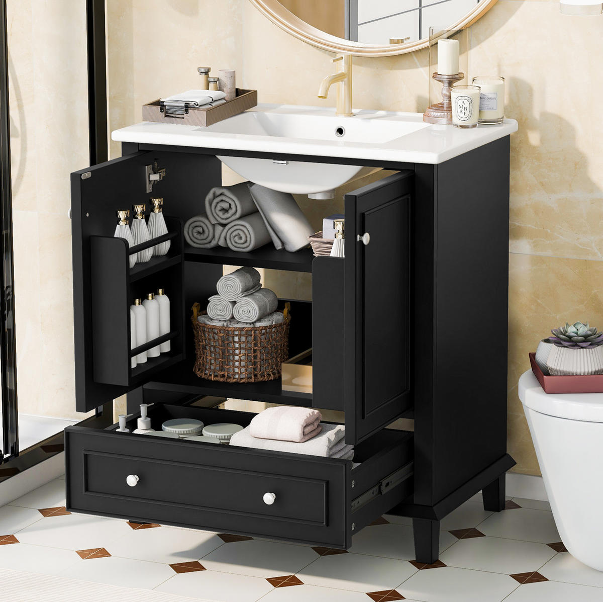 WASCHTISCHKOMBI 73x45x87 cm Schwarz aus Keramik & Spanplatte mit Waschbecken & Soft-Close Schublade - Schwarz, Holzwerkstoff (73/87/45cm) - Modfu