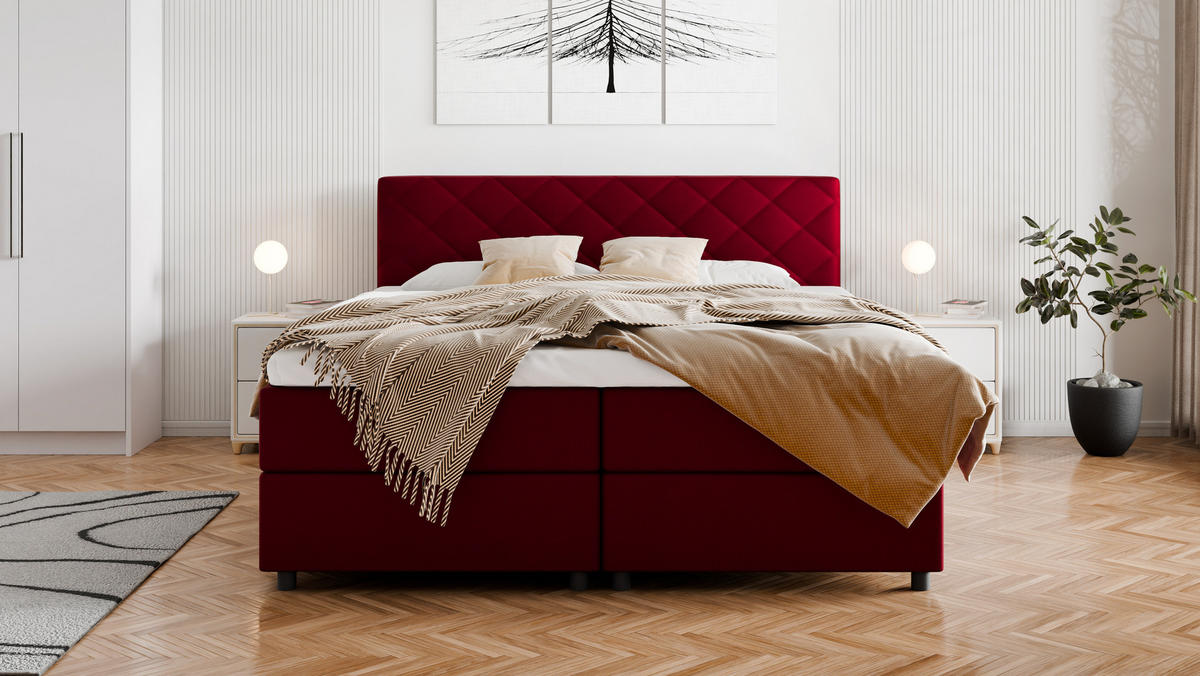 BOXBETT Diamaro 180x200 cm mit Bettkasten und Topper - Rot - Rot, Holz (180/200cm) - Panda Möbel