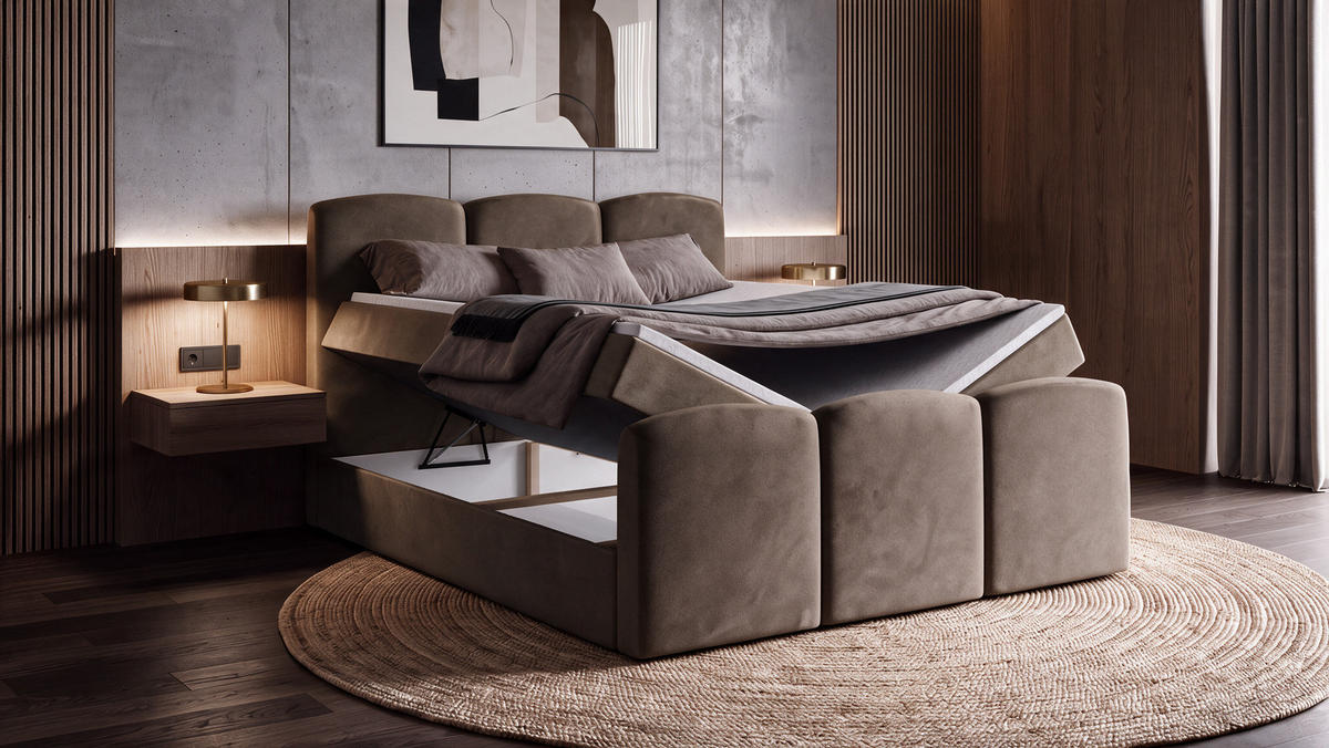 BOXBETT SAVIO 180x200 cm mit Bettkasten, Bonell-Matratze H3 und Topper – Samt Braun - Braun, Textil (180/200cm) - Luxkor24