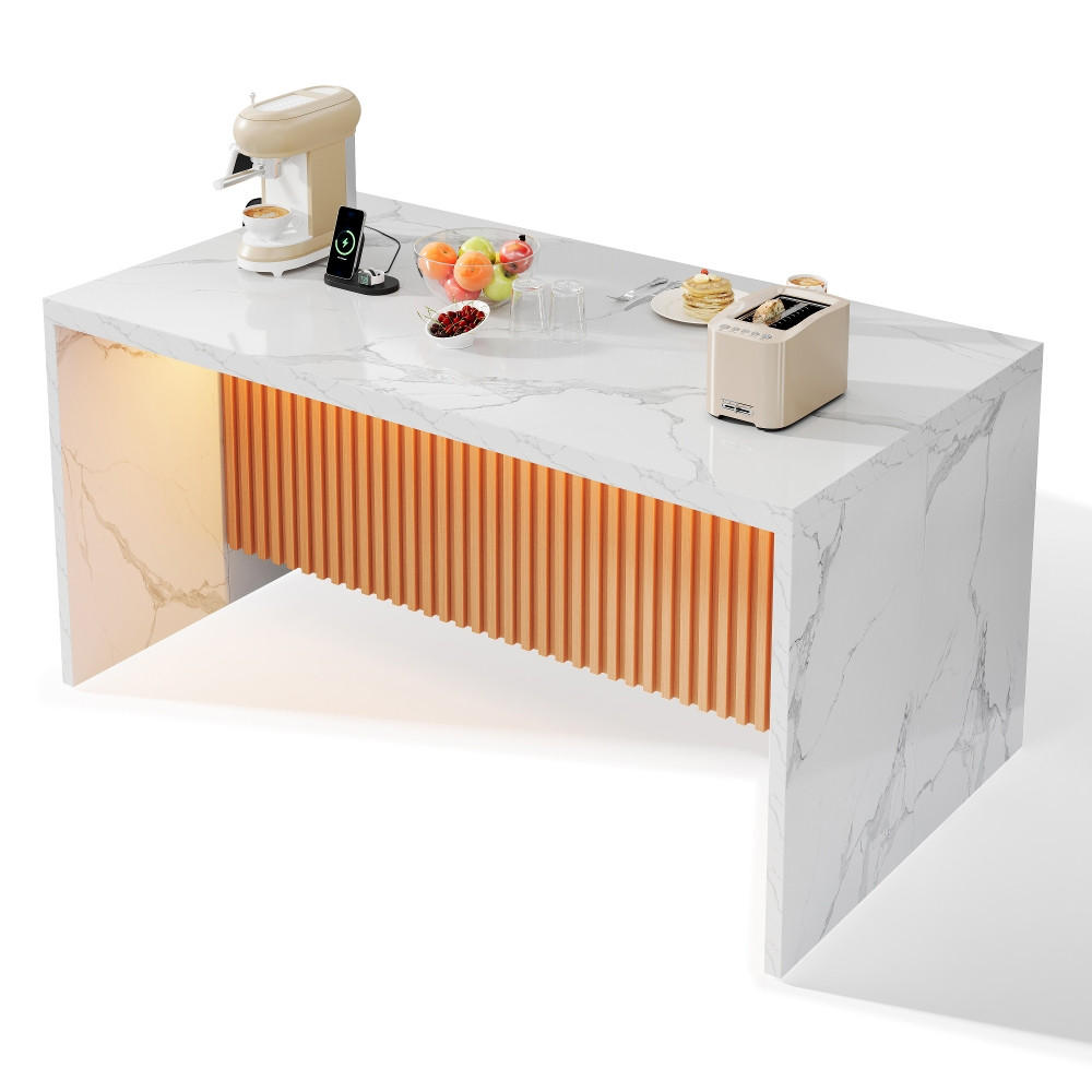KÜCHENINSEL mit Steckdosen und USB, Weiße Marmoroptik, LED-Beleuchtung, MDF, 155/80/90 cm - Weiß, Kunststoff (80/90/155cm) - Rolipo