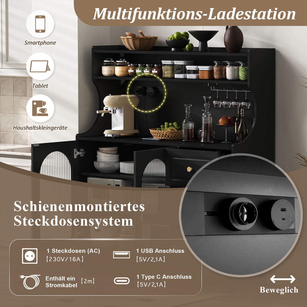 SIDEBOARD in Schwarz mit Steckdose - Schwarz, Holzwerkstoff (120/139/40cm) - Urban Meuble