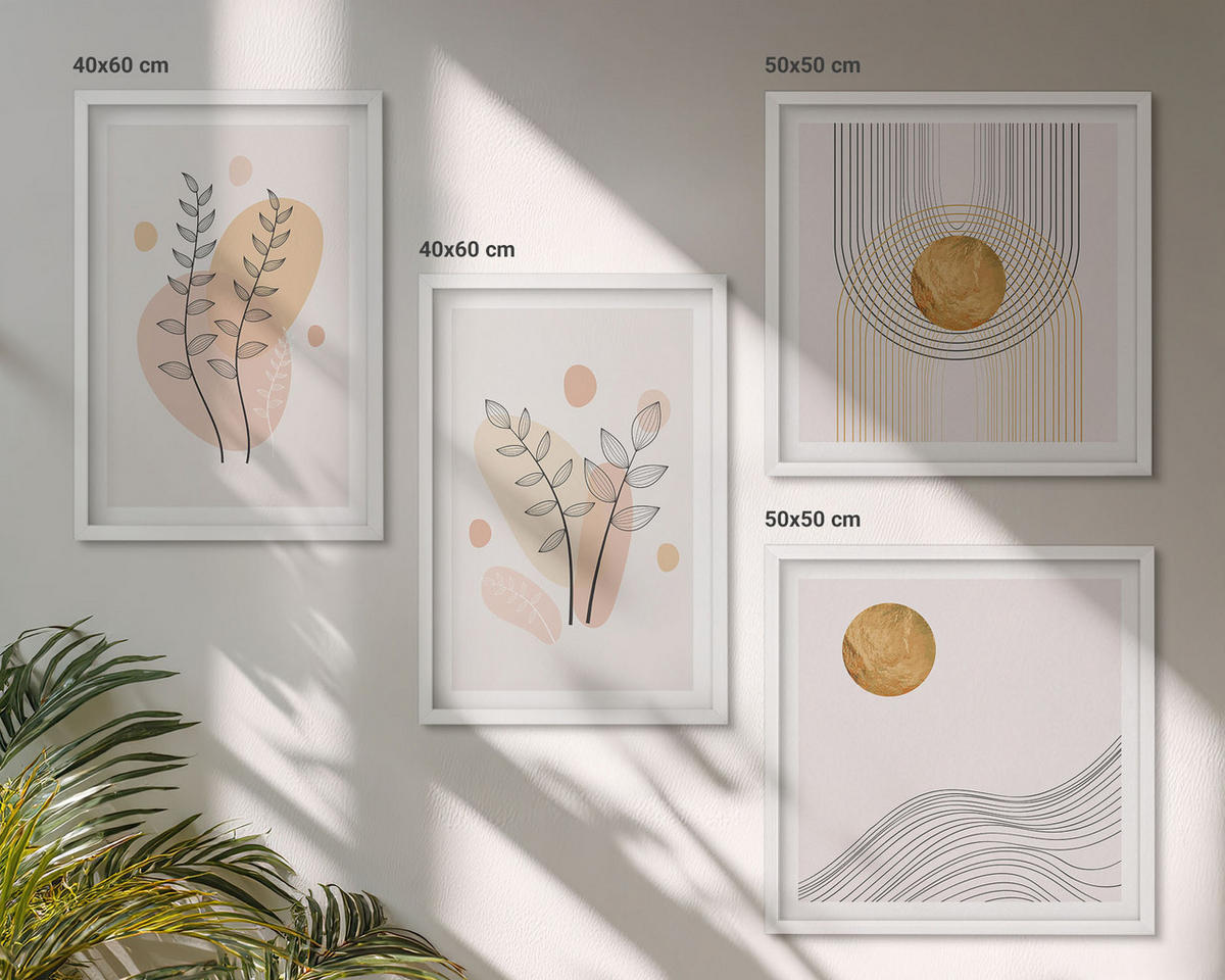BILDER SET 4er Set - 50x50 cm & 40x60 cm Weißer Rahmen - Minimalistische Pflanzenzeichnungen - Weiß, Kunststoff (50/50cm) - TULUP