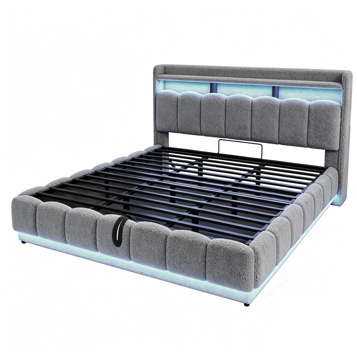 POLSTERBETT 180/200 cm aus Stoff und Metall mit LED-Lichtleiste, USB-Anschluss, Grau - Grau, Textil (180/200cm) - OKMYHOME