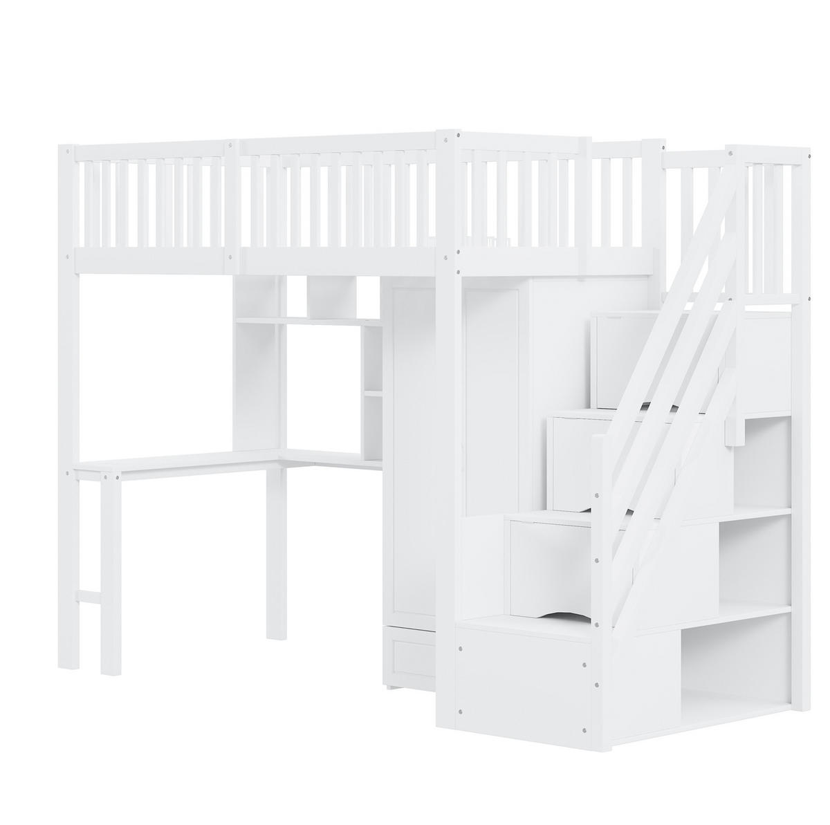 HOCHBETT 90/200 cm Weiß aus Massivholz mit Kleiderschrank, Tisch und Stauraum - Weiß, Holz (90/200cm) - Flora Grace