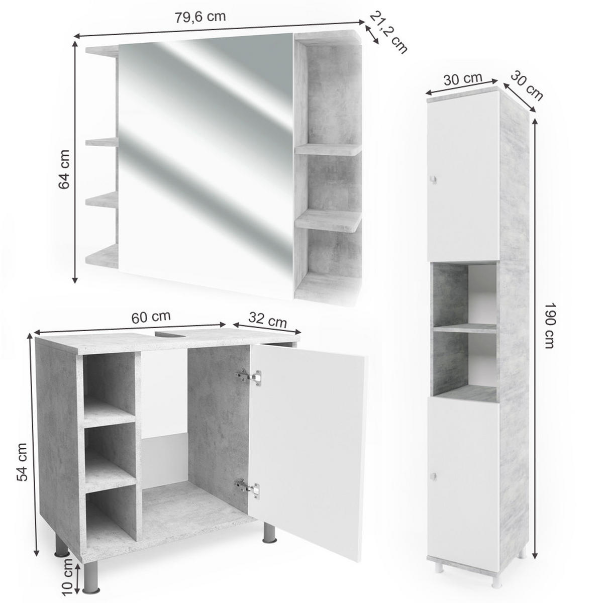 BADMÖBEL-SET Fynn Beton 3 Teile, mit Hochschrank - Weiß/Grau, Holzwerkstoff (60/54/32cm) - Vicco