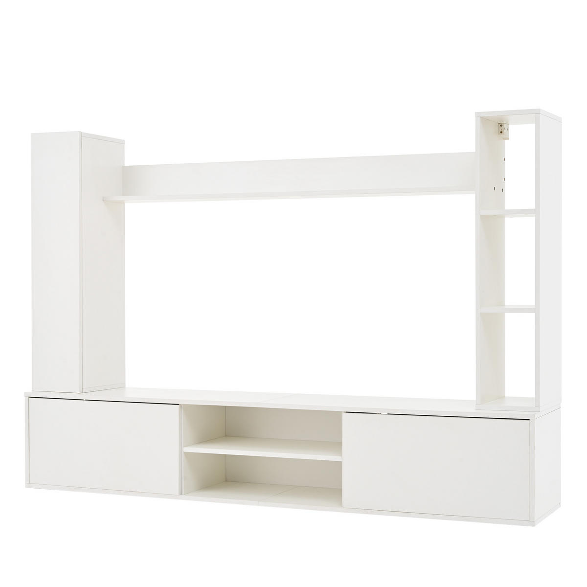 VEČDELNA STENSKA ENOTA ZA DNEVNO SOBO z omarami in policami, stenska in prostostoječa, MDF, mehko zapiranje, bela - bela, kovina/leseni material (180/90/35cm) - EVRYAE