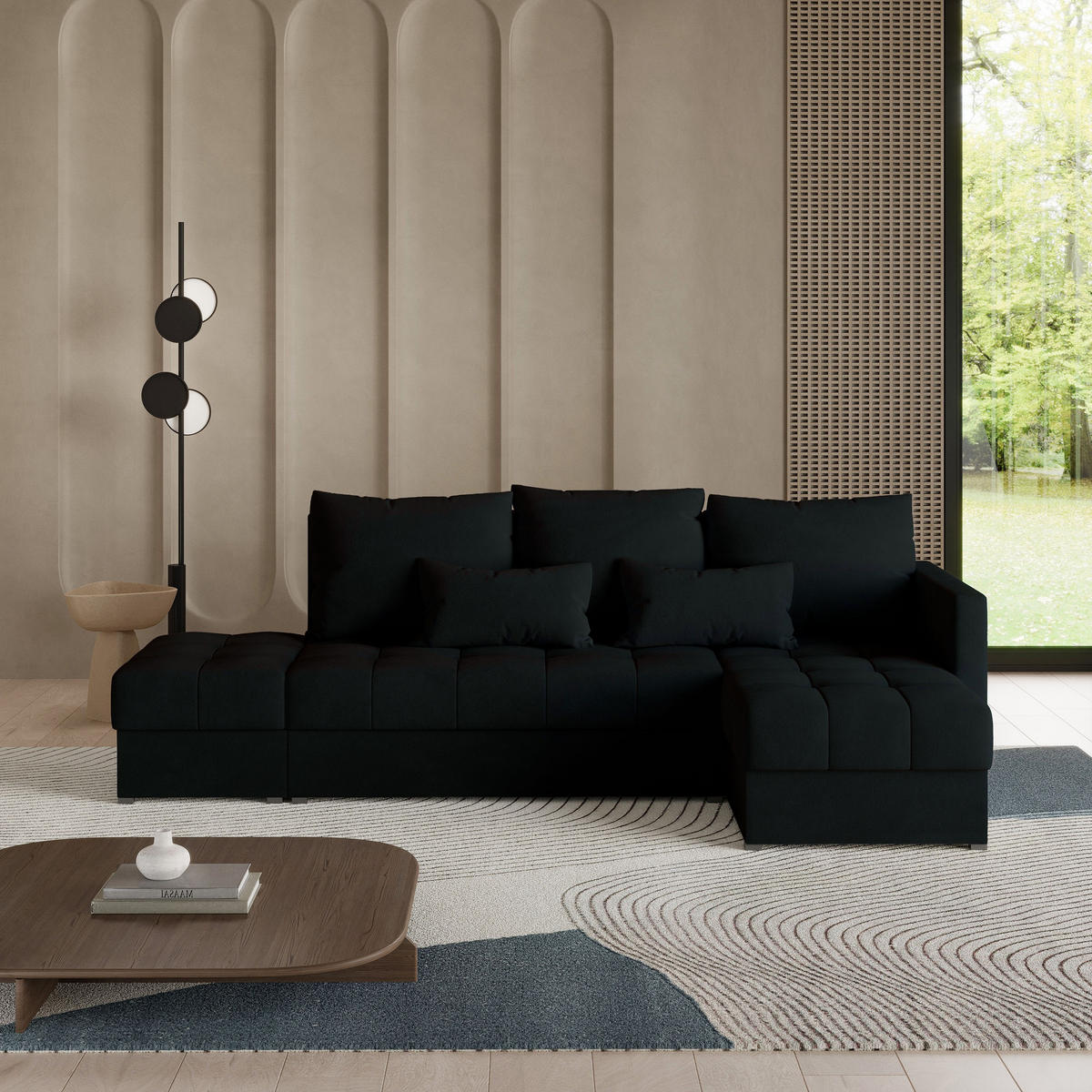 ECKSOFA LUMARI R-S Schwarz Plüsch-Stoff mit Schlaffunktion - Schwarz, Holz (262/143cm) - MASSENO