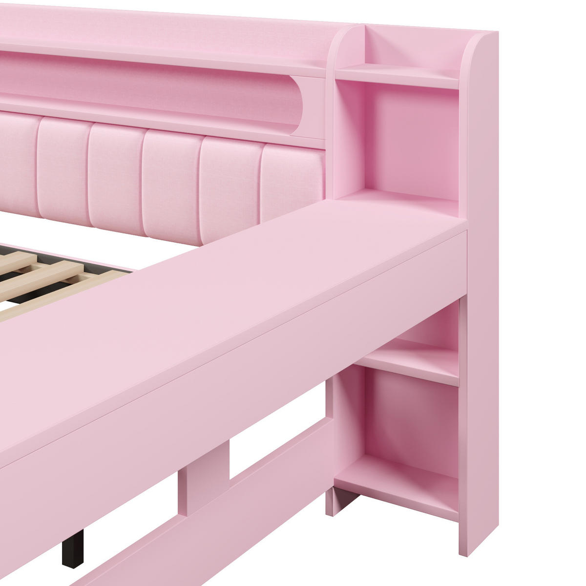 POLSTERBETT 140/200 cm Rosa aus MDF, Sperrholz und Leinen mit Ausziehbett, LED und USB - Rosa, Holzwerkstoff (140/200cm) - OKMYHOME