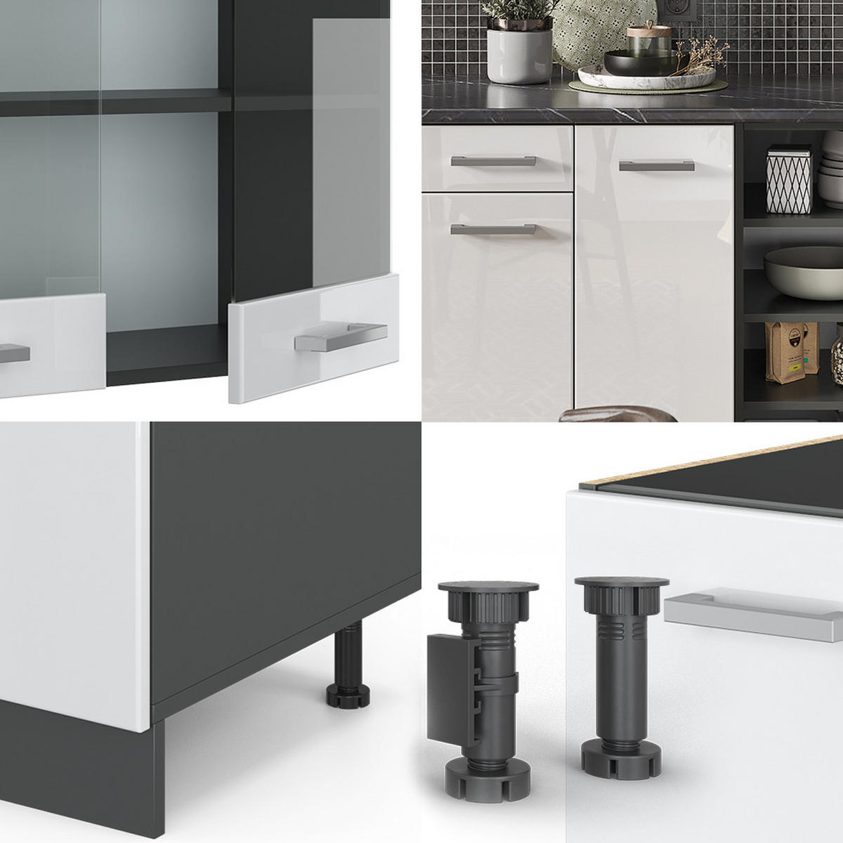 KÜCHENZEILE R-Line Weiß Hochglanz/Anthrazit 240 cm, AP Marmor - Weiß Hochglanz/Anthrazit, Holzwerkstoff (240/81.6/60cm) - Vicco