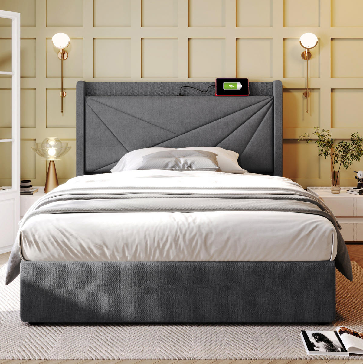 POLSTERBETT 90/200 cm mit Bettkasten, USB/Typ-C am Kopfteil, grau - Grau, Textil (90/200cm) - Redom