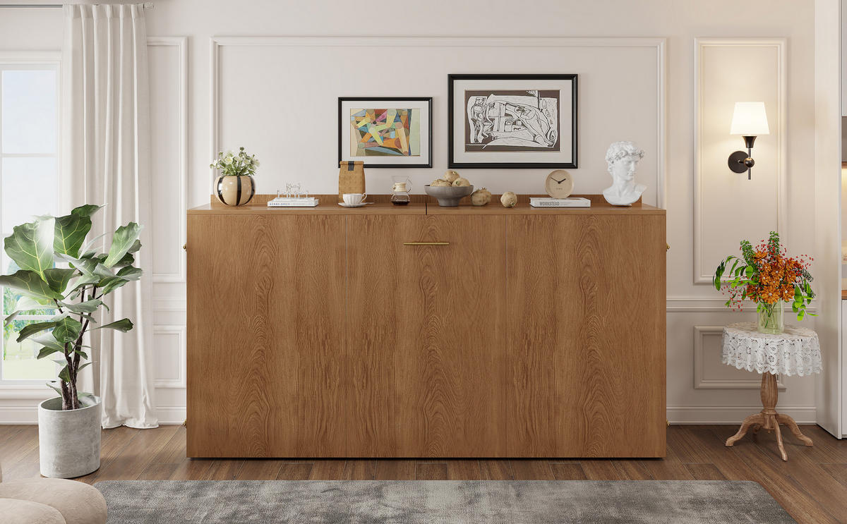 SCHRANKBETT 140/200 cm in Holz mit Leinenmatratze - Walnussfarben, Holzwerkstoff/Textil (140/200cm) - CHICFURN