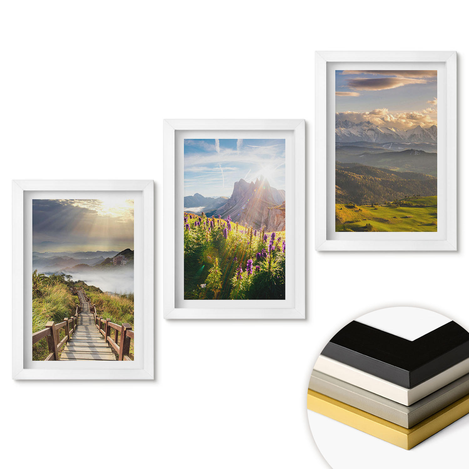 WANDBILDER 3er-Set - 20x30 cm Weißer Rahmen - Berglandschaft mit Blumen - Weiß, Kunststoff (20/30cm) - ArtPrintCave