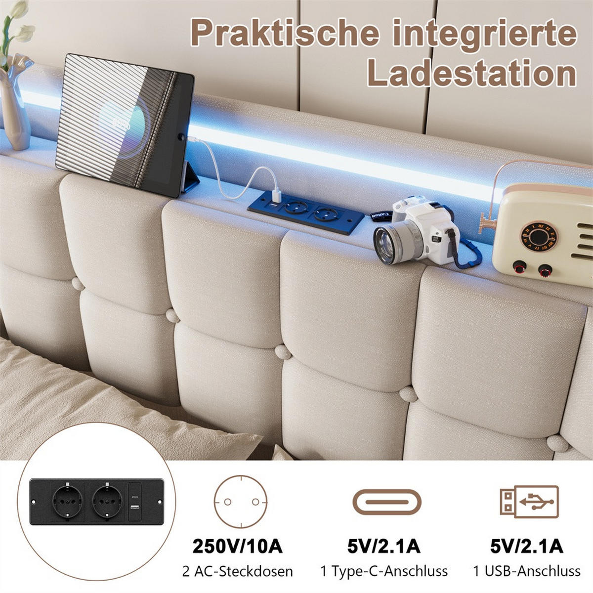 POLSTERBETT 180x200 cm Square Smart mit RGB-LED, EU-Steckdosen & USB-Ports, 4 Schubladen, Leinen-Optik, Beige - Beige, Textil (180/200cm) - DELFA