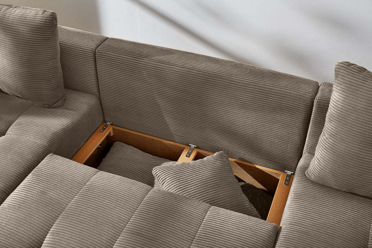 WOHNLANDSCHAFT mit Schlaffunktion und Bettkasten, spiegelverkehrt montierbar U-Form B313/T200/H92 cm, Cord Braun Taupe / 15219 - Taupe/Eichefarben, Holz/Textil (313/92/200cm) - luma-home