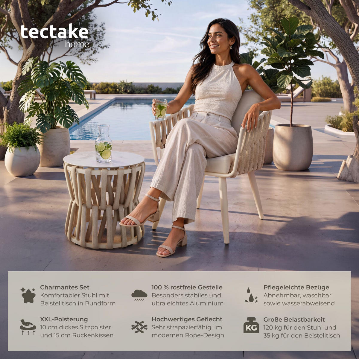 GARTENLOUNGE-SET ALUMINIUM Lugano, höhenverstellbare Kunststofffüße, Sicherheitsglasplatte, beige - Beige/Weiß, Kunststoff - tectake