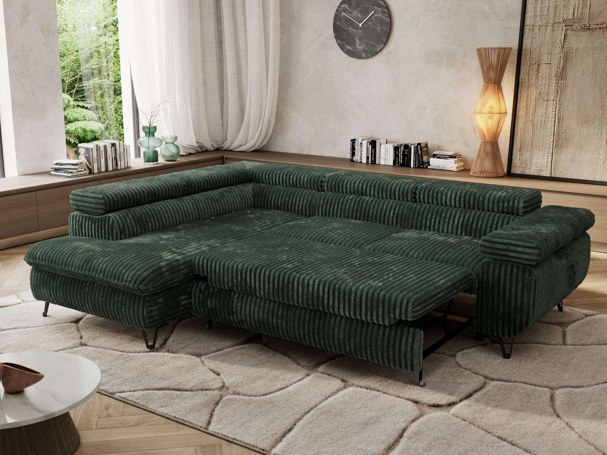 ECKSOFA PABLO L Grün Cord - Links Seite - Schwarz/Grün, Textil/Metall (208/273cm) - MKS