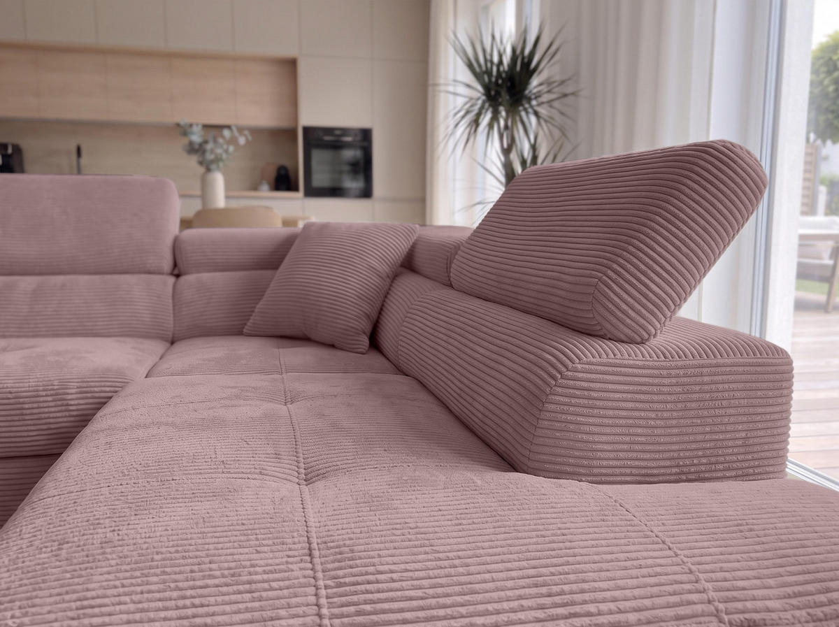 ECKSOFA L Form Konak Rosa 276/201/90 cm Rechts mit Schlaffunktion - Silberfarben/Rosa, Textil/Metall (276/203cm) - AX Living