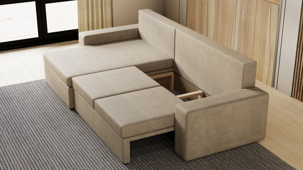 ECKSOFA Paco mit Bettkasten und Schlaffunktion, L-Form/XL-Form, Velourstoff, Universal - Beige, Holzwerkstoff (276/145cm) - 4ALL HOME