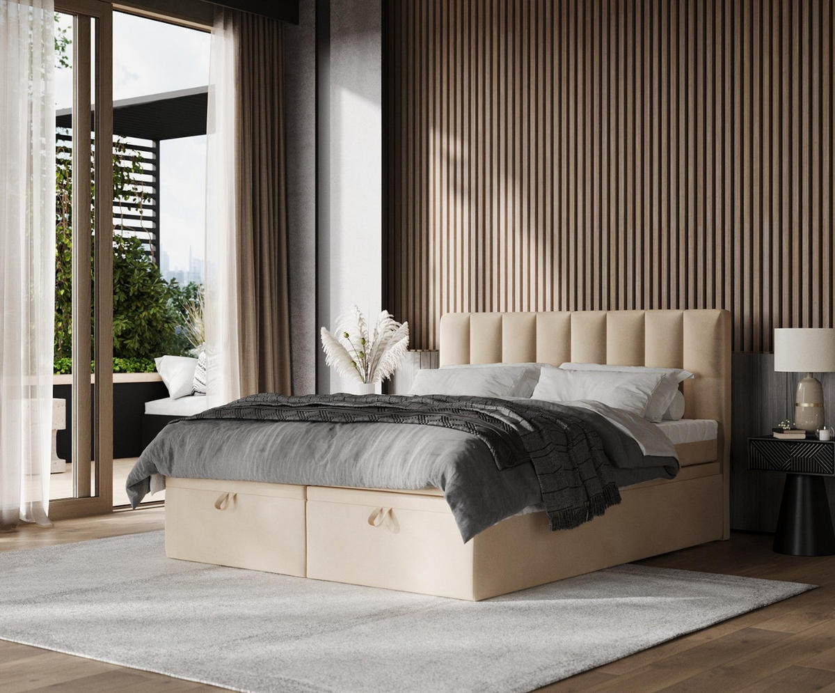 BOXBETT Lume 180/200 cm Beige im Kronos Stoff - Beige/Schwarz, Holz/Holzwerkstoff (180/200cm) - AltaBeds