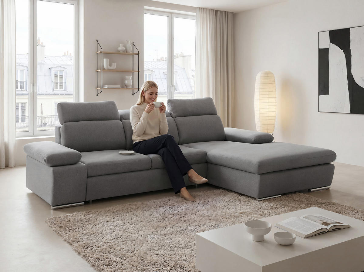 ECKSOFA PABLO mit Schlaffunktion und Bettkasten Grau - Grau, Holzwerkstoff/Kunststoff (250/90cm) - Idohome