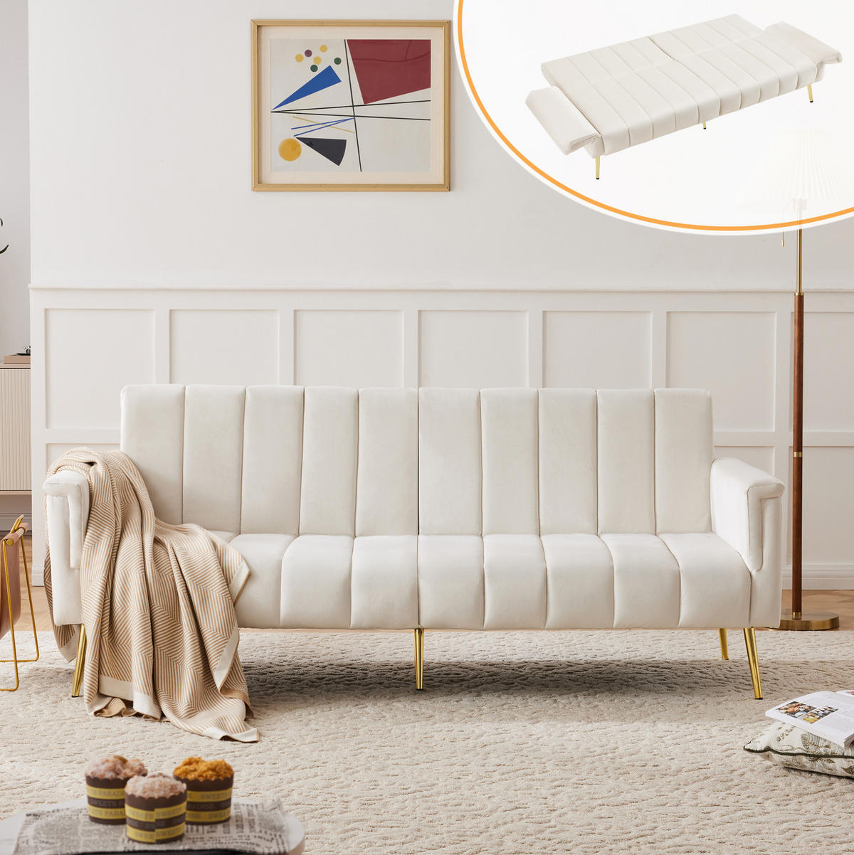 SCHLAFSOFA, Samt mit verstellbarer Rückenlehne & Armlehnen, 183/76/75 cm, Beige - Beige, Textil (76/75/183cm) - Redom