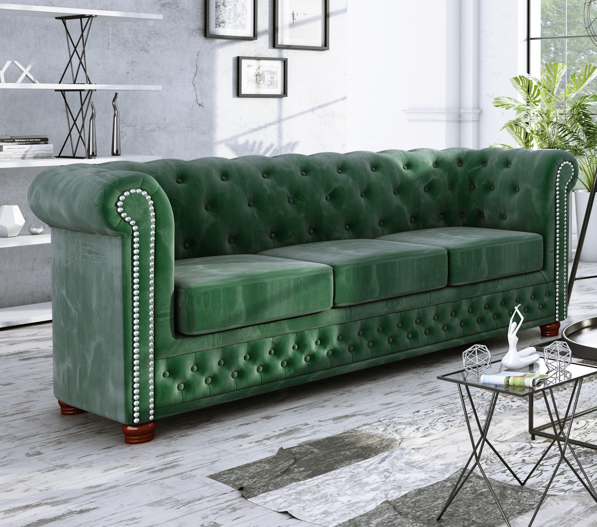 CHESTERFIELD-SOFA 3-sitzer Lauren Flasche grün Samt - Smaragdgrün/Braun, Holz/Textil (203/72/86cm) - S-Style Möbel