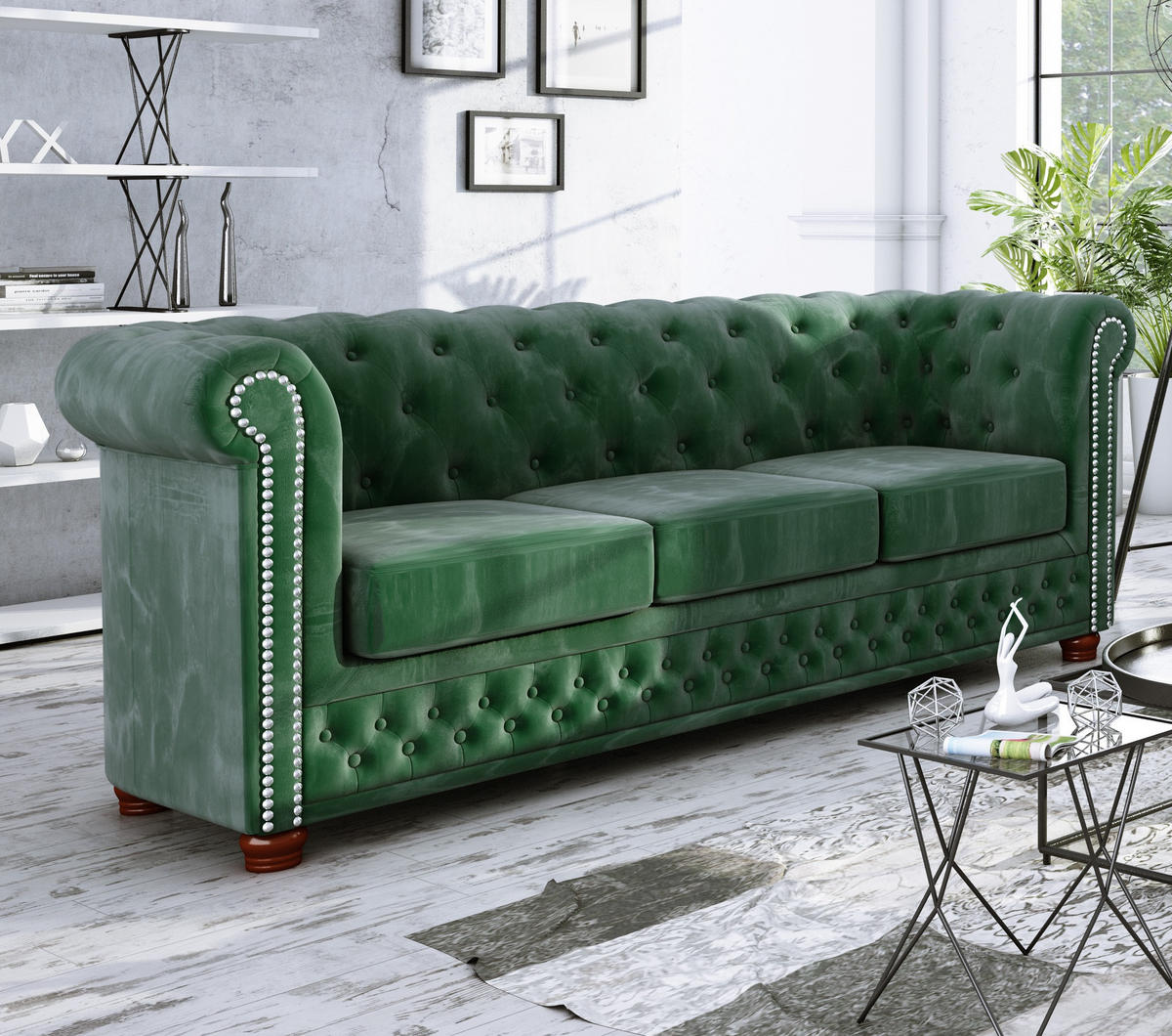CHESTERFIELD-SOFA 3-sitzer Lauren Flasche grün Samt - Smaragdgrün/Braun, Holz/Textil (203/72/86cm) - S-Style Möbel