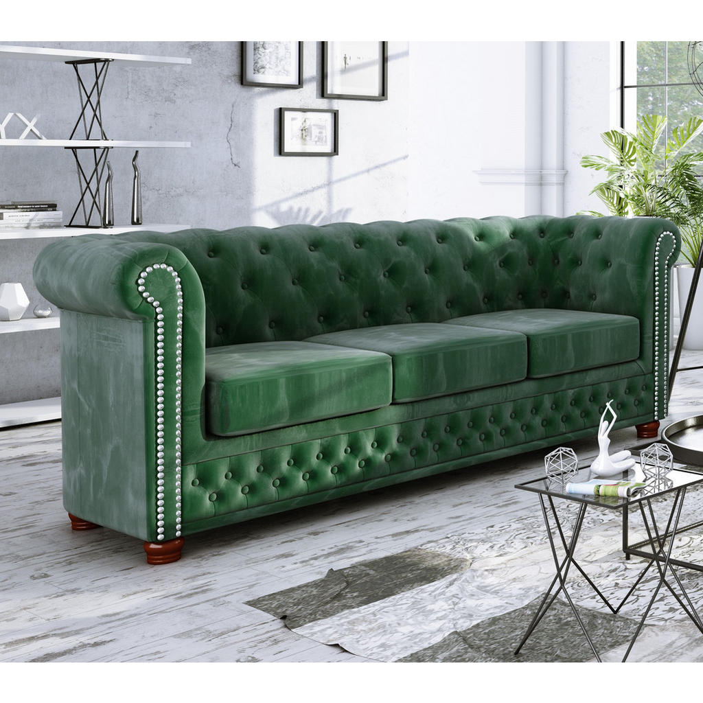 Thumbnail - S-Style Möbel Sitzgarnitur, Smaragdgrün, Textil, Echtholz,Buche, Birke, 6-Sitzer, Füllung: Polyetherschaumkern, 203x72x8...