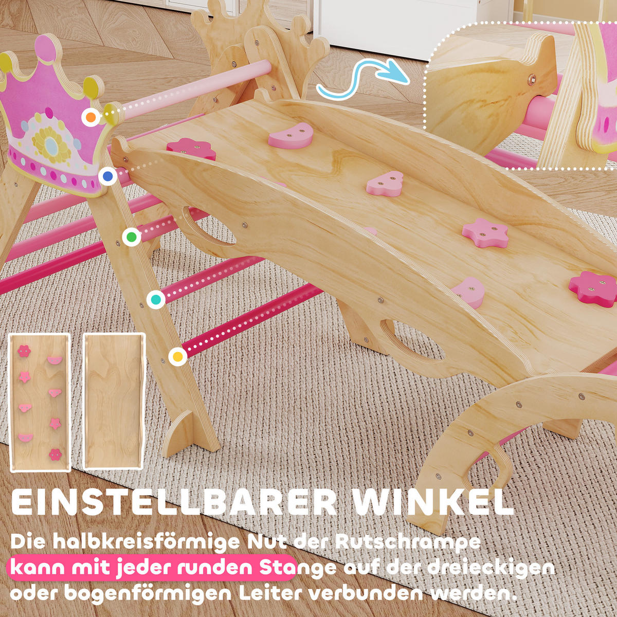 KLETTERGERÜST 8-in-1 DE-09863 mit Rutsche, Rampe und Bogen Holz - Pink, Holz (42/38/80cm) - ComfortXL