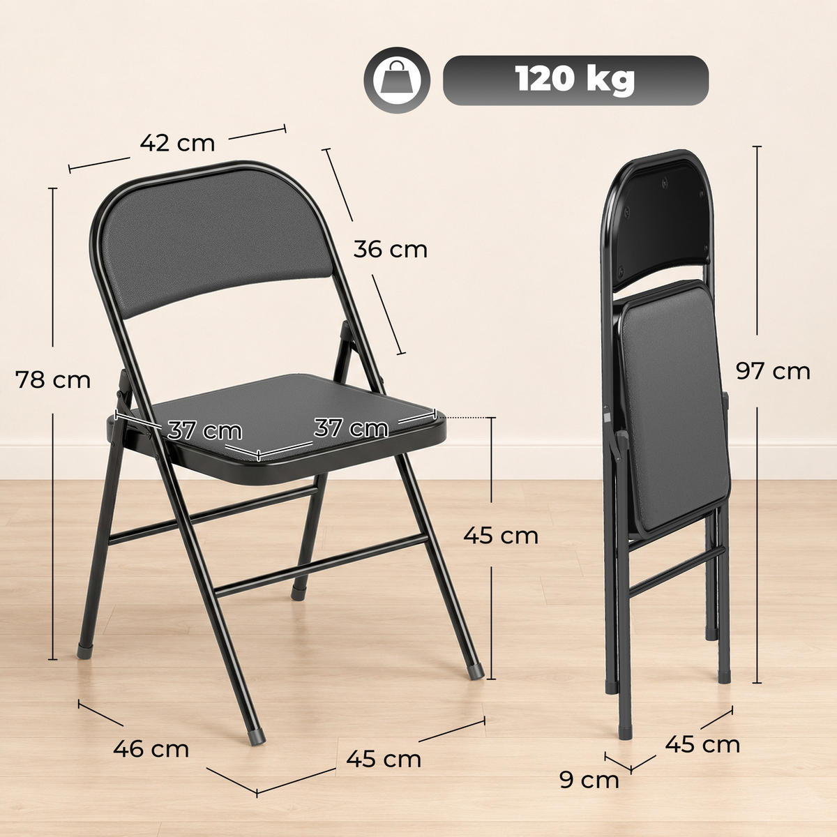 KLAPPSESSEL Schwarz 4 Stück - Schwarz, Leder (45/78/46cm) - GiPP