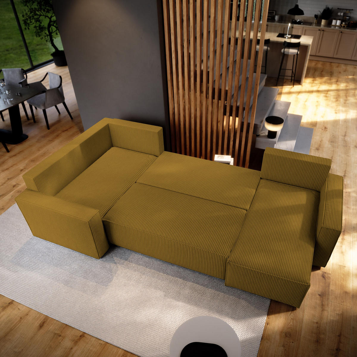 WOHNLANDSCHAFT NORENA L-S Gelb Kordstoff mit Schlaffunktion - Gelb, Holz (295/85/157.5cm) - MASSENO