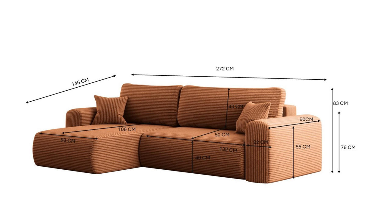 ECKSOFA Mit Schlaffunktion und Stauraum für Bettzeug Capri Stoff Poso Ziegel Links - Kupferfarben, Holz/Textil (145/272cm) - Kaiser Möbel