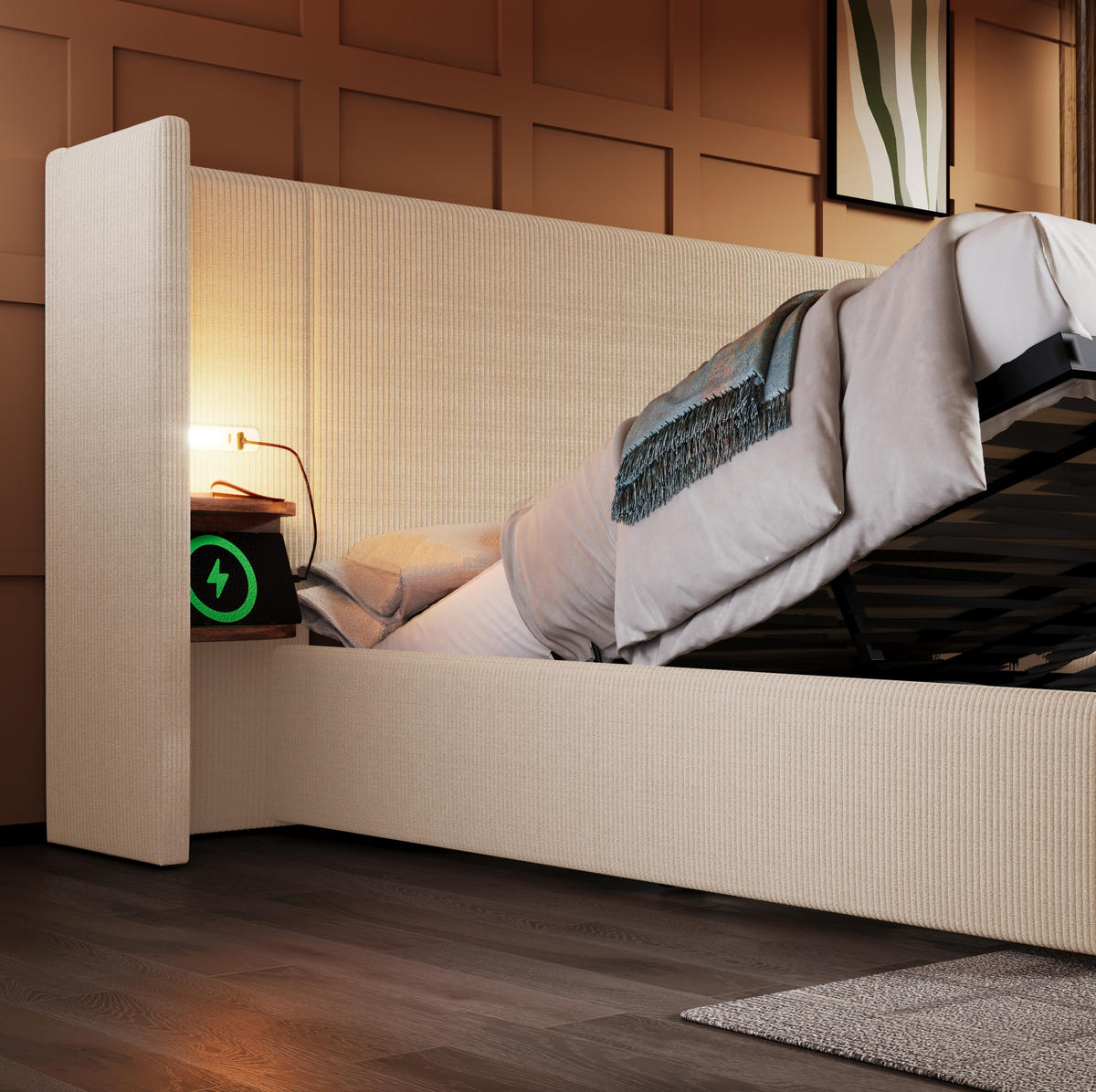 POLSTERBETT 180/200 cm Beige-Weiß aus Cordstoff mit Stauraum - Beige, Textil (180/200cm) - OKMYHOME