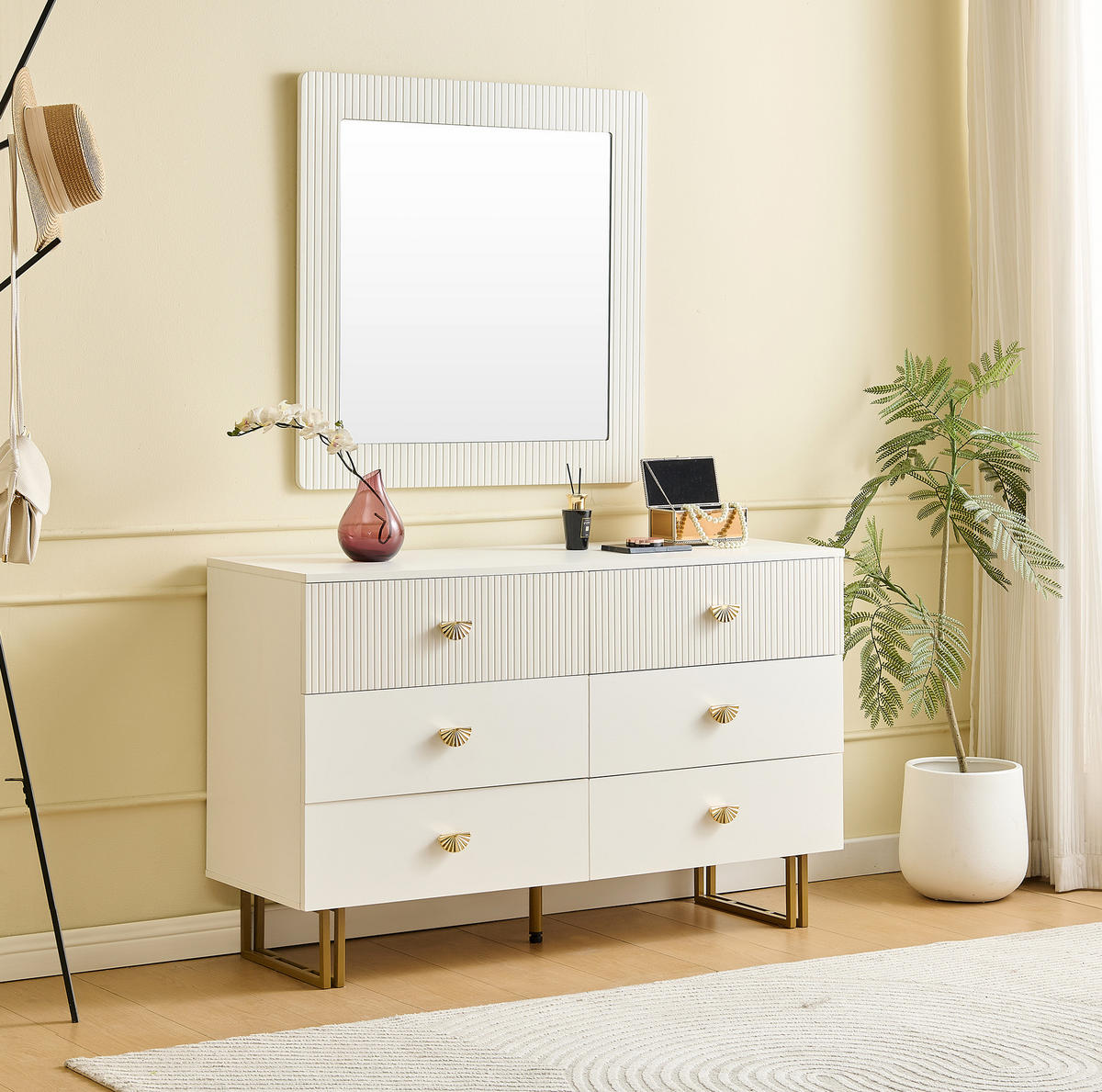 SIDEBOARD-SET mit Spiegel 120/40/75 cm in Weiß mit 6 Schubladen - Weiß, Holzwerkstoff (120/40/75cm) - BEAOK
