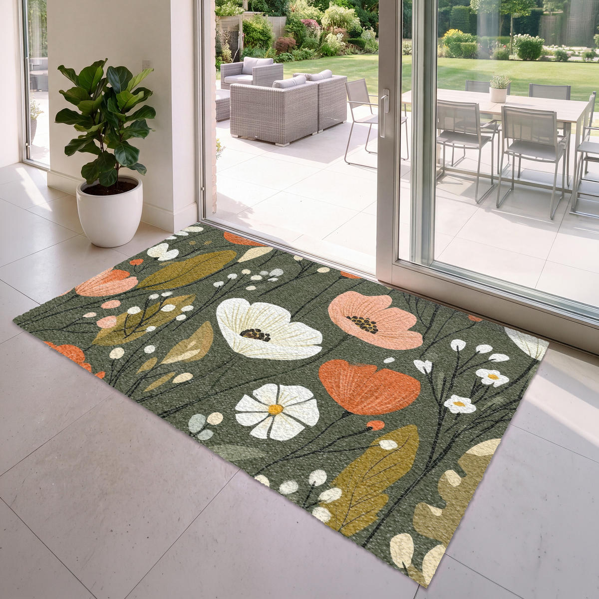 FUSSMATTE Blumen - Illustration - Grün Flurteppich 180x120 cm - Dunkelgrün, Kunststoff (180/120cm) - MuchoWow