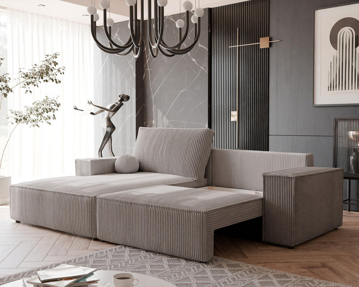 ECKSOFA HUGO Rechts, mit Schlaffunktion und Bettkasten, Beige - Beige, Textil (255/148cm) - Idohome