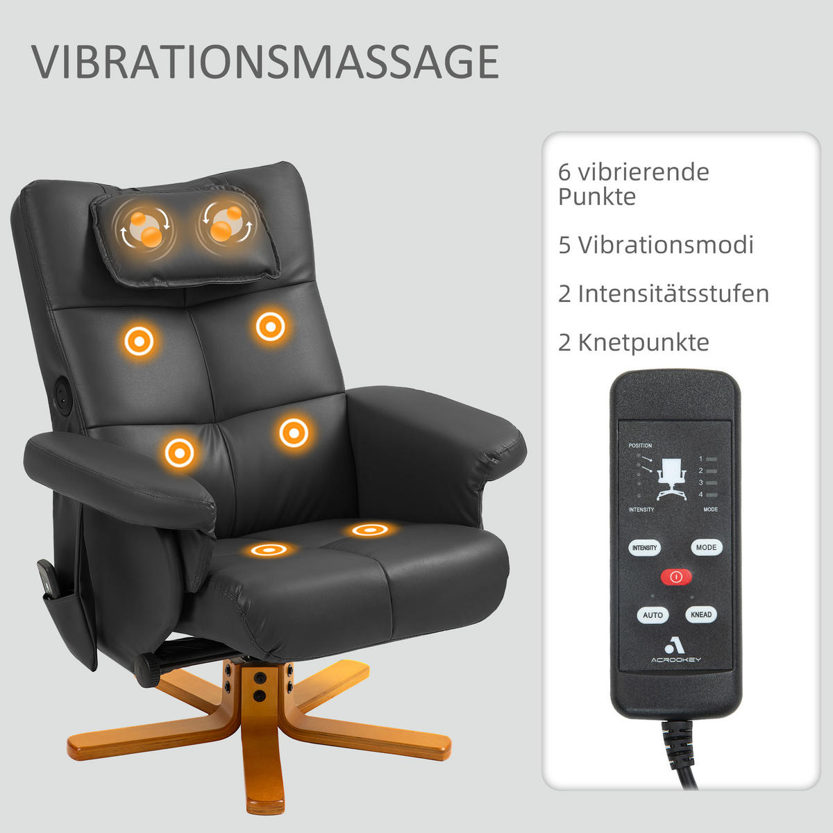 RELAXSESSEL Massagesessel mit Hocker Fernsehsessel mit Liegefunktion Schwarz - Schwarz, Leder (86/93/78cm) - HOMCOM