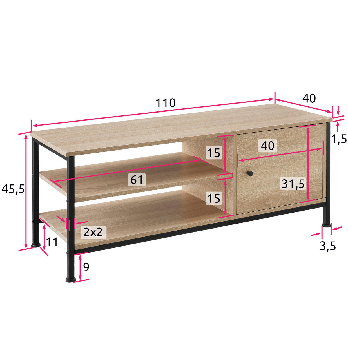TV-REGAL Durban,110 x 40 x 45,5 cm,Industrial Holz hell, Eiche Sonoma - Naturfarben, Holzwerkstoff (40/45.5/110cm) - tectake
