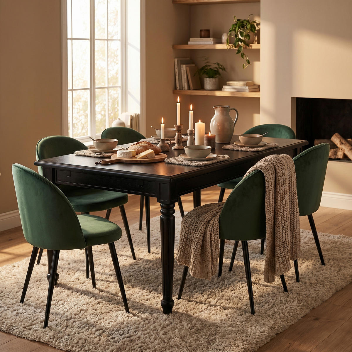 ESSGRUPPE Amaretta mit Esstisch Schwarz und 6 Stühlen Grün, 180 x 100 cm - Grün, Holz/Textil (180/75/100cm) - ebuy24