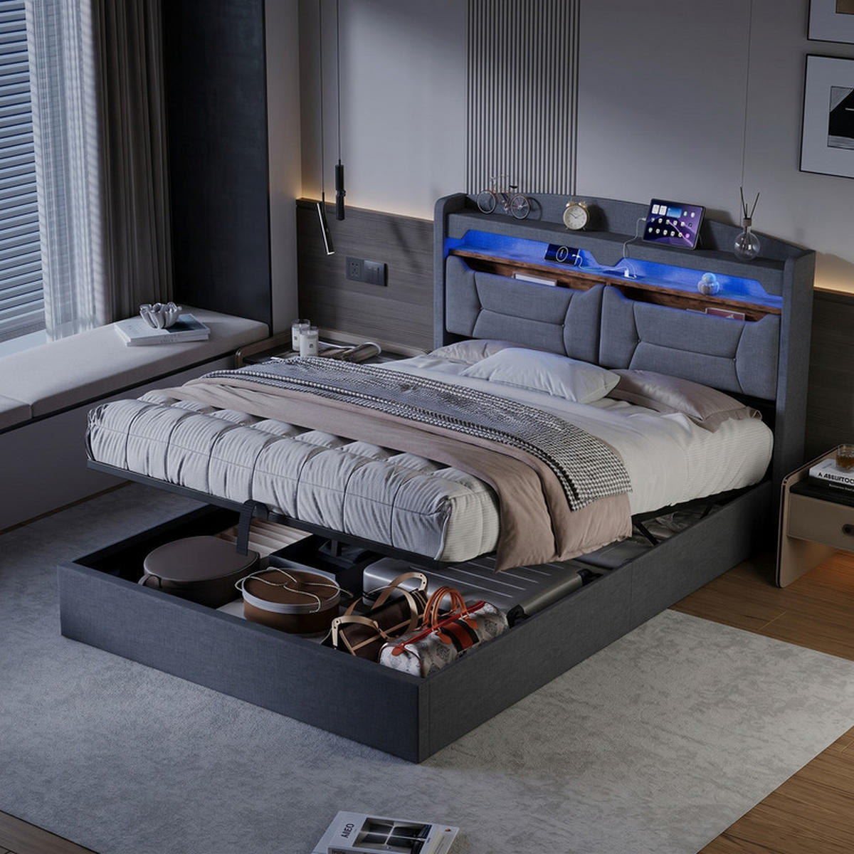POLSTERBETT 140/190 cm hellgrau mit Stauraum, LED und USB - Grau, Holz