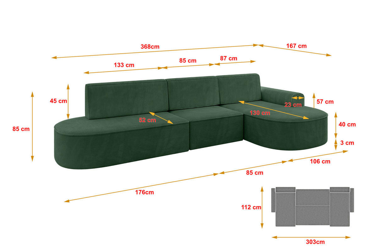 ECKSOFA mit Schlaffunktion Ottomane RECHTS MARI L2-S 368X167X85 Grün Cord - Dunkelgrün/Schwarz, Holzwerkstoff/Kunststoff (167/368cm) - ALTDECOR