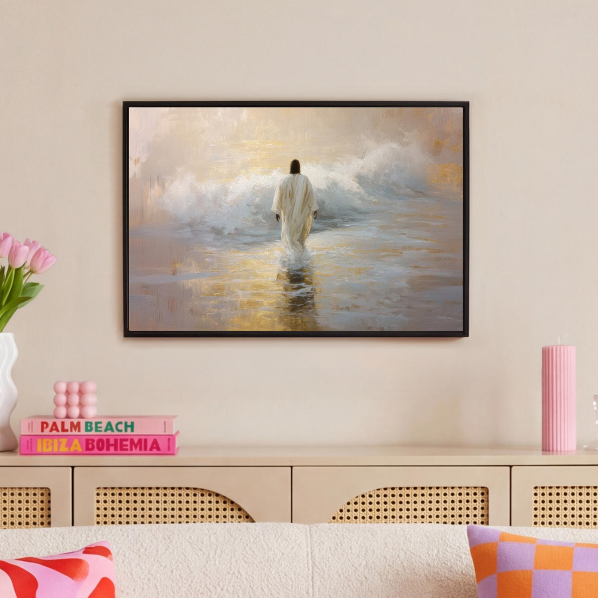 LEINWAND Bilder mit Rahmen - Gemälde - Welle - Jesus - Abstrakt - 60x40 - Goldfarben, Textil (60/40cm) - MuchoWow