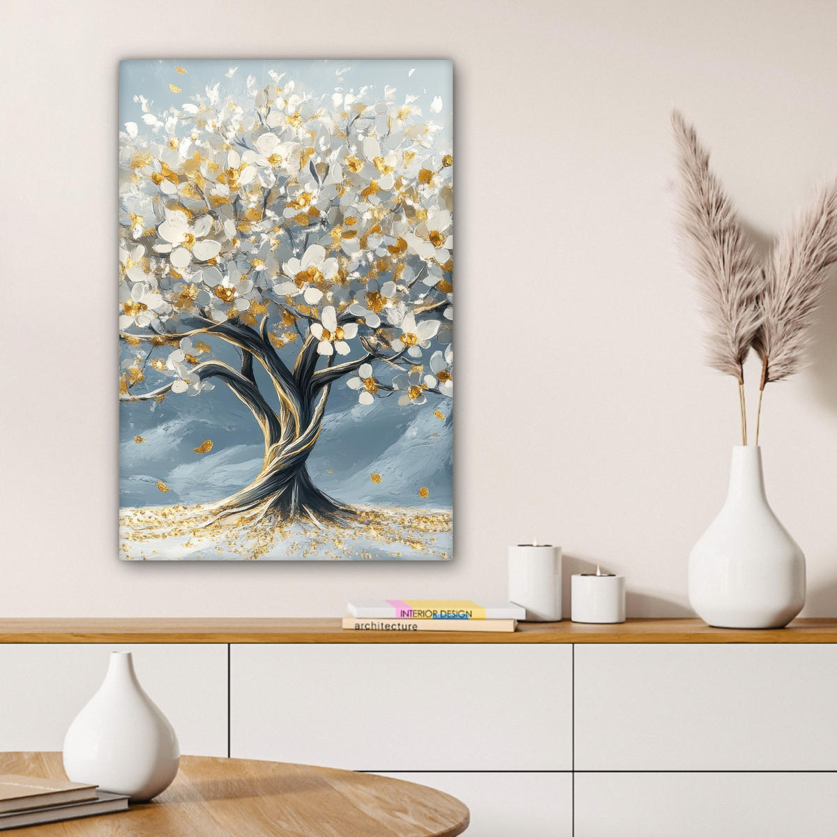 LEINWANDBILD Baum - Winter - Baum des Lebens - Modern - Gold Wanddeko Schlafzimmer 60x90 cm - Goldfarben, Textil (60/90cm) - MuchoWow