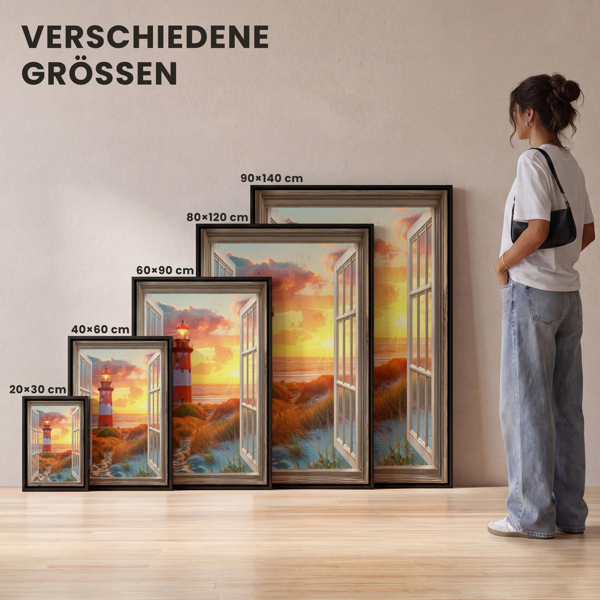 LEINWAND Bilder mit Rahmen - Aussicht - Fenster - Leuchtturm - Sonnenuntergang - Strand - 80x120 - Dunkelorange, Textil (80/120cm) - MuchoWow